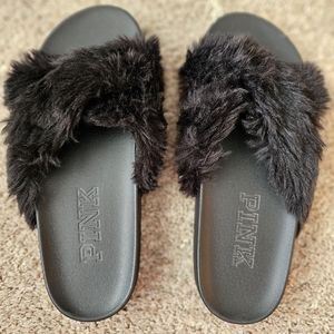 VS Pink fur slides